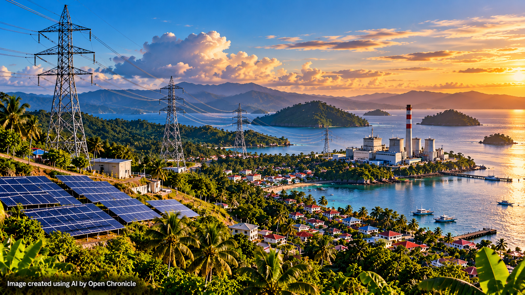 AI-generated editorial illustration of electricity generation, solar panels and transmission infrastructure in a Philippine island landscape
