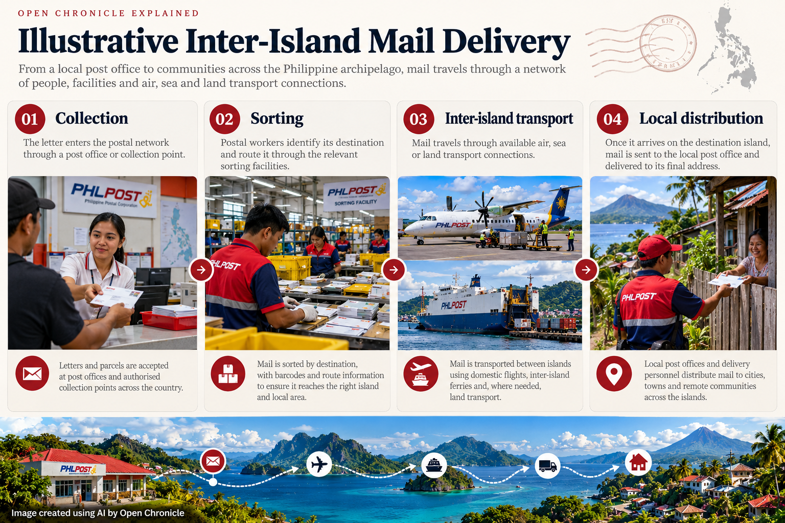 AI-generated Open Chronicle Explained infographic illustrating the four stages of inter-island mail delivery in the Philippines