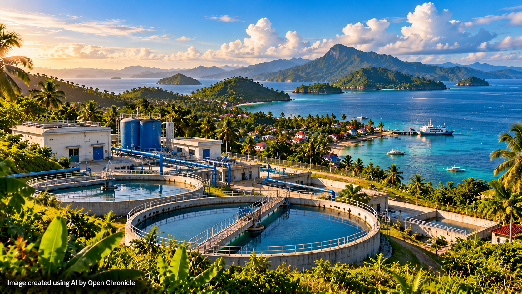 AI-generated editorial illustration of a water treatment facility serving a tropical Philippine island community