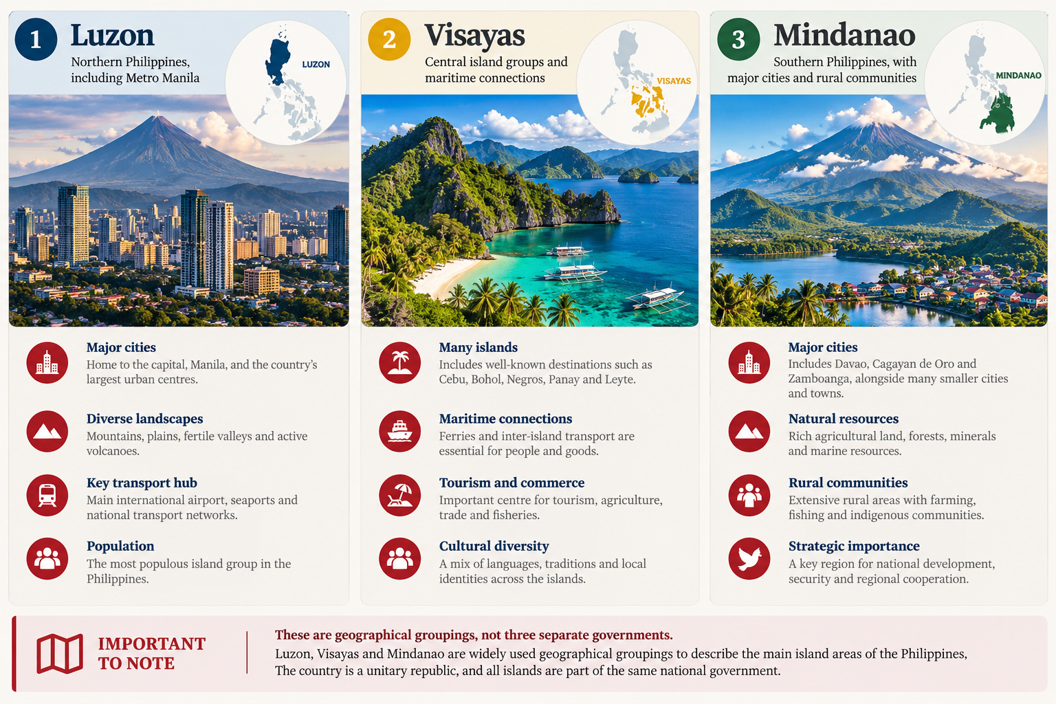 AI-generated infographic illustrating Luzon, Visayas and Mindanao, the three main geographical island groups of the Philippines