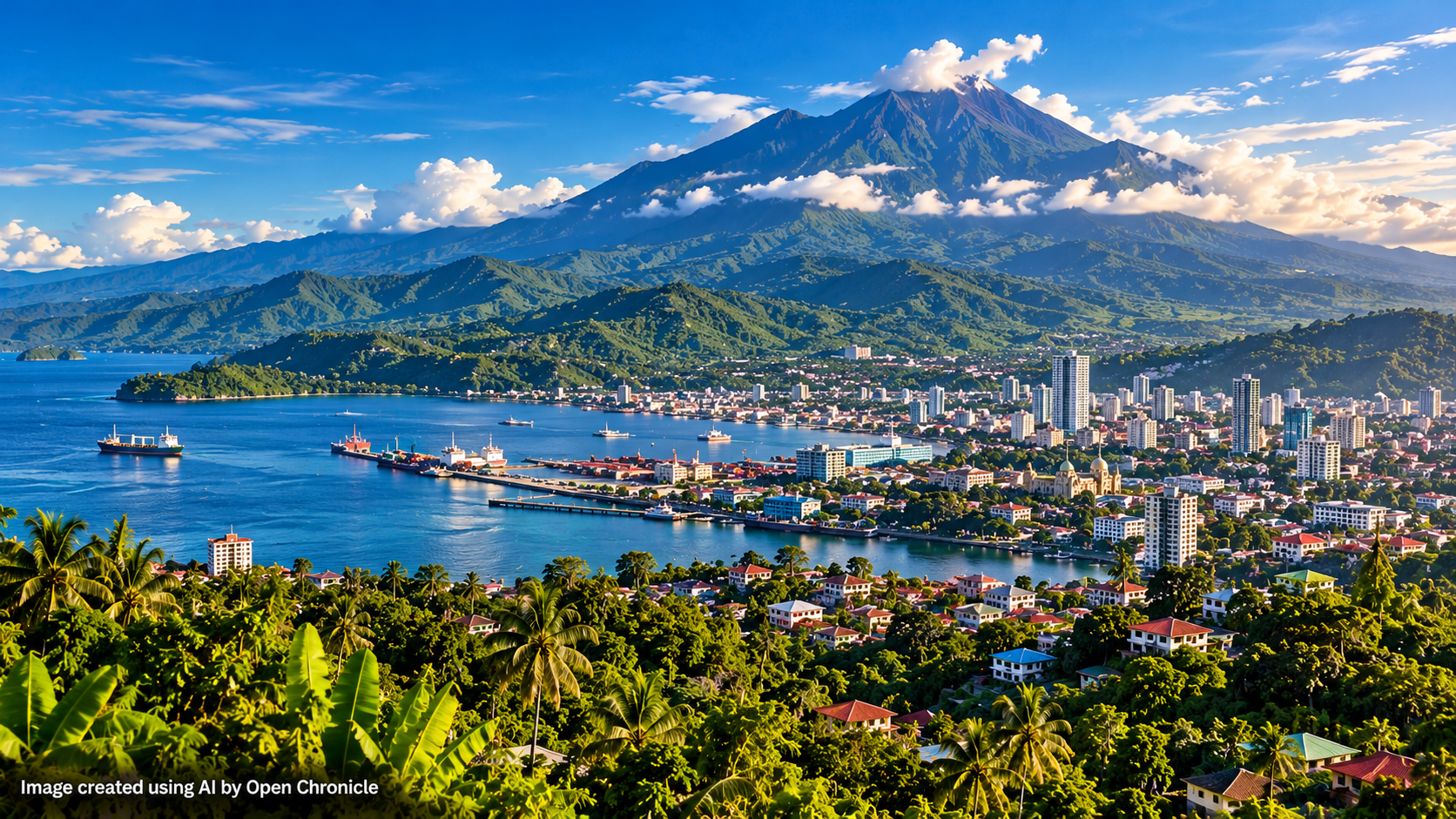 AI-generated editorial panorama representing Mindanao, with a coastal city, mountains and rural landscapes
