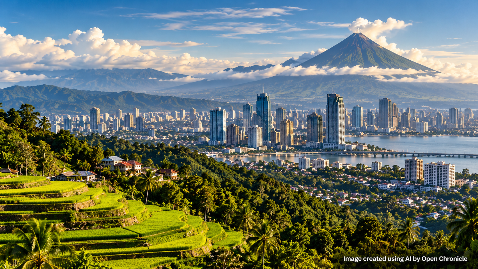 AI-generated editorial panorama representing Luzon, with rice terraces, a city skyline and a volcano
