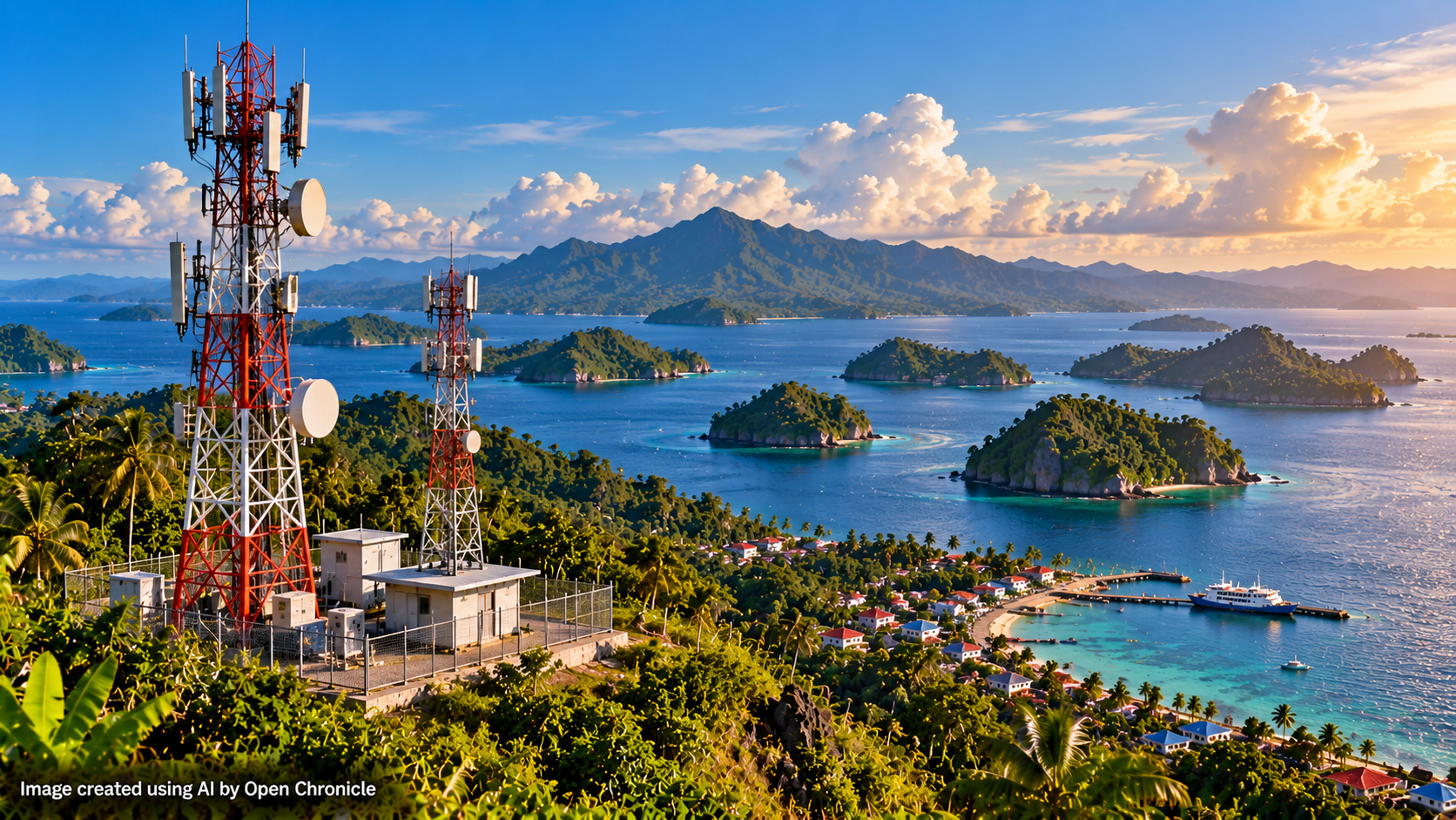 AI-generated editorial illustration of telecommunications towers connecting Philippine island communities